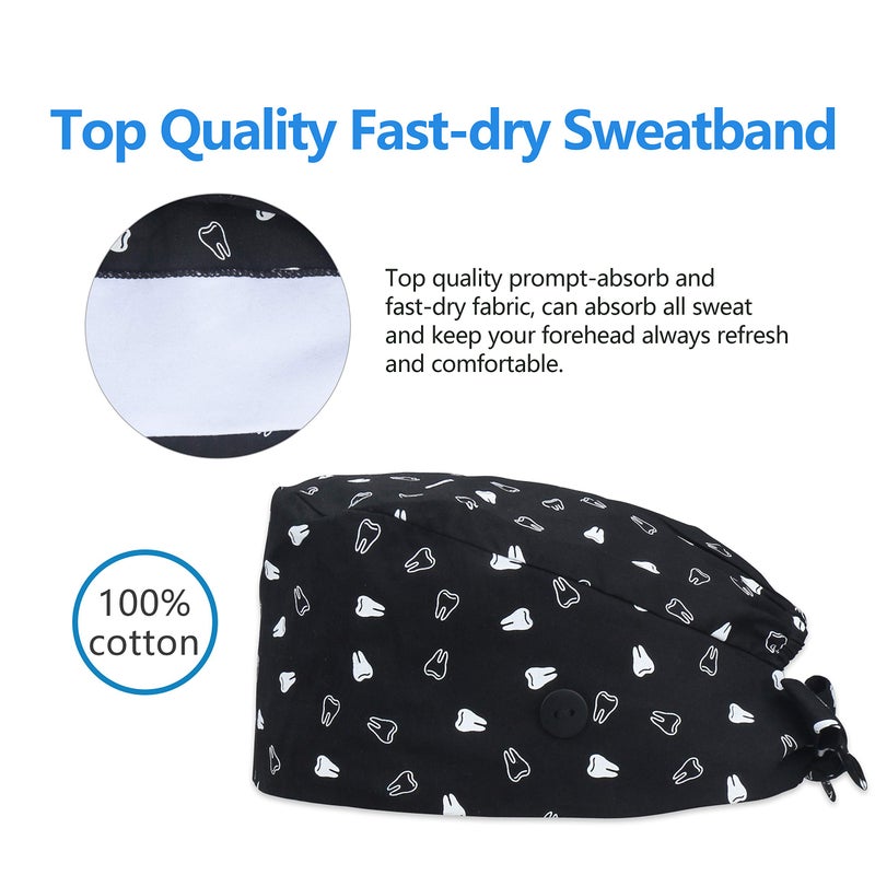 QBA Adjustable Working Cap with Button  Satin Lined Scrub Hat  Cotton Working Hat Sweatband  Elastic Bandage Tie Back Hats for Women & Men  One Size  #Satin-Lined Tooth BLK - Image 5